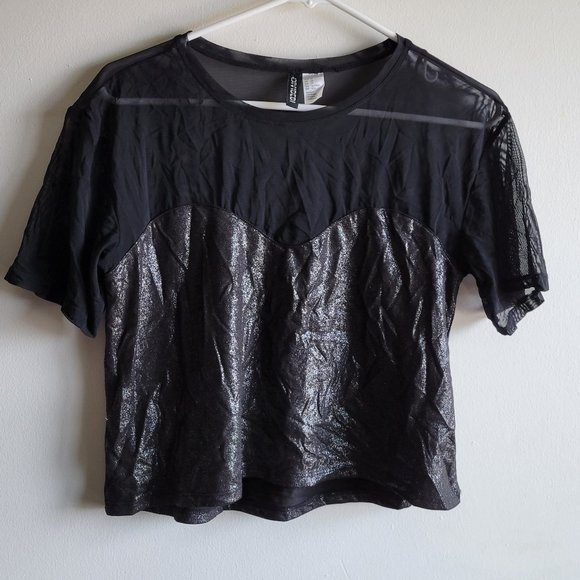 H&M Divided Shimmer and Black Mesh Crop Top Shirt Short Sleeve Size XS EUC - Picture 1 of 4